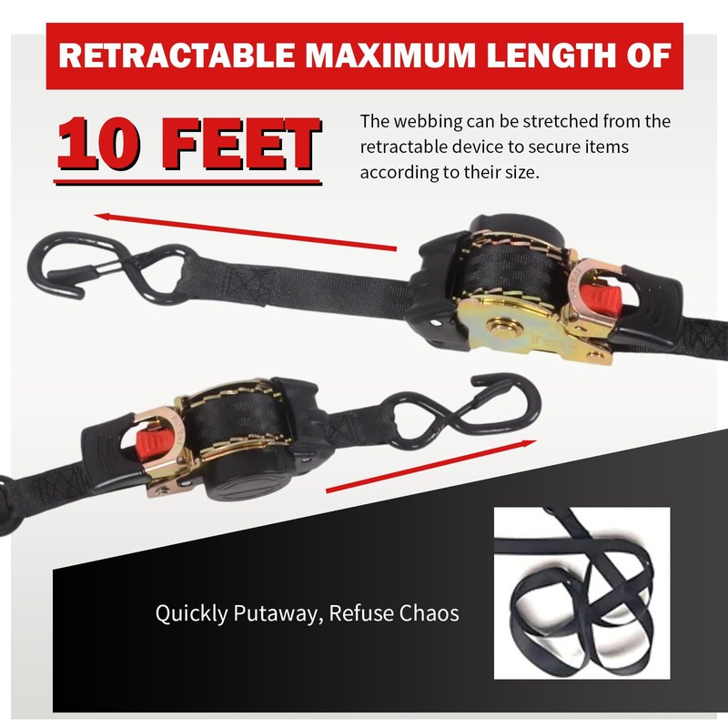 MOTO4U Auto Retractable Ratchet Straps 2-Pack | 1” x 10ft