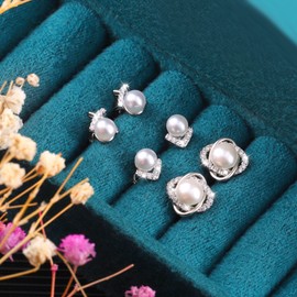 ASH'S CHOICE Silver 925 Earrings Pearls, 3 Pairs Sterling Silver 925 Stud Earrings Pearl Set, Small Silver Hoop Earrings with Pendant Beads Drops Pink Purple White Pearl Earrings Hanging for Women,