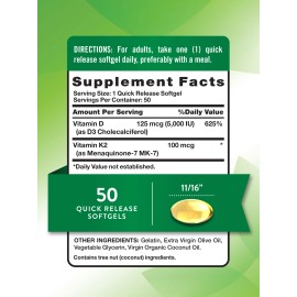 Nature's Truth Vitamin K2 mk7 with D3 Supplement | 50 Softgels | Non-GMO | by Nature's Truth