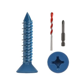 3/16" x 1-1/4" Concrete Screws, 100 PCS Blue Flat Head Concrete Screws Anchor Kit with Drill Bit and Screwdriver Bit, for Masonry, Cement, Block, Brick or Stucco