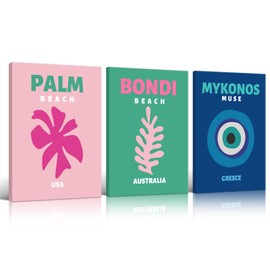 OAOPIC Travel Arts Print Set 12x16in, Famous Beach City Palm Bondi Mykonos Canvas Wall Art, Trendy Preppy Travel Paintings, Colorful Boho Wall Decor for Bedroom 3 Pieces Unframed