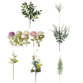 Yulele Craft Artificial Greenery Stems, Fake Plant Filler, Eucalyptus Stems 10pcs, Rose Head 5pcs, Materials for Decorating Floor Mirror