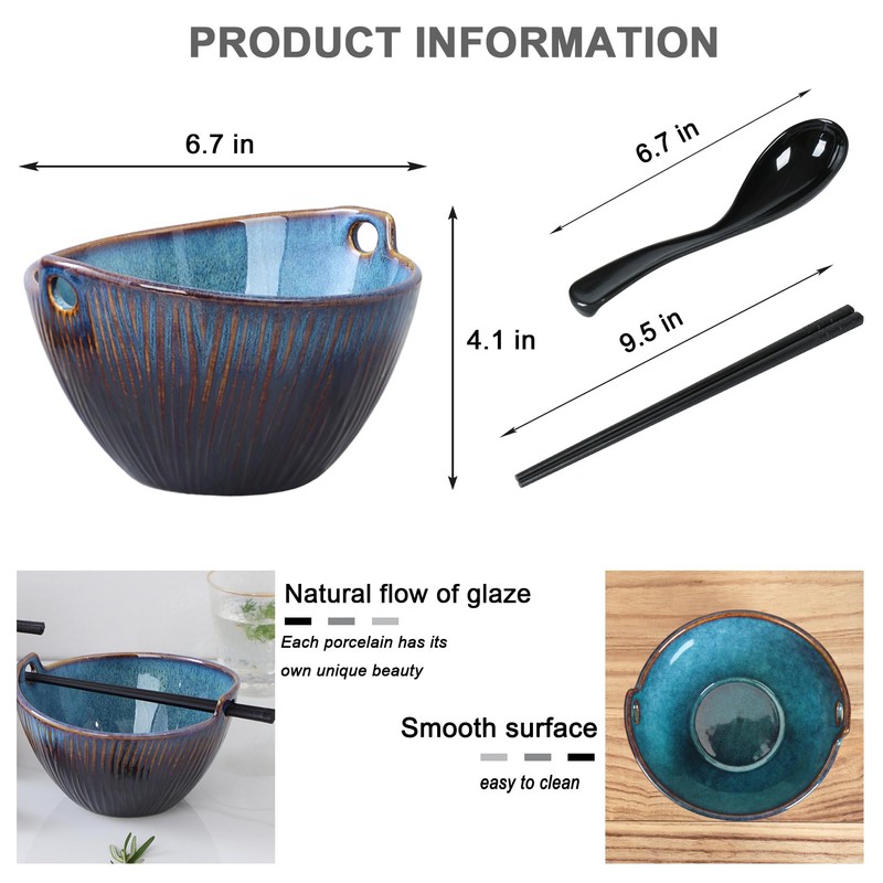 STE-CER Ceramic Ramen Bowl with Chopsticks and Spoons Set, 6.7