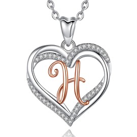INFUSEU Necklace with Letters, Heart Pendant Necklace Letter A-Z Alphabet Capital Rose Gold Jewellery Double Heart Initial Neckless CZ for Women Romantic Women's Gifts, 20 Inch Chain, Sterling Silver