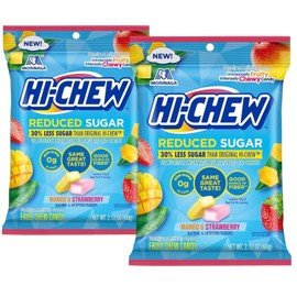 (Pack of 2) Hi Chew Reduced Sugar Candy, Strawberry & Mango, Japanese Unique Fun Soft & Chewy Taffy Candy, Immensely Juicy Fruit Flavors, Individually Wrapped, 2.12oz each, less suger