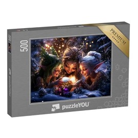 puzzleYOU: Puzzle 500 Teile „Lächelnde Weihnachtselfen im Winterwald“