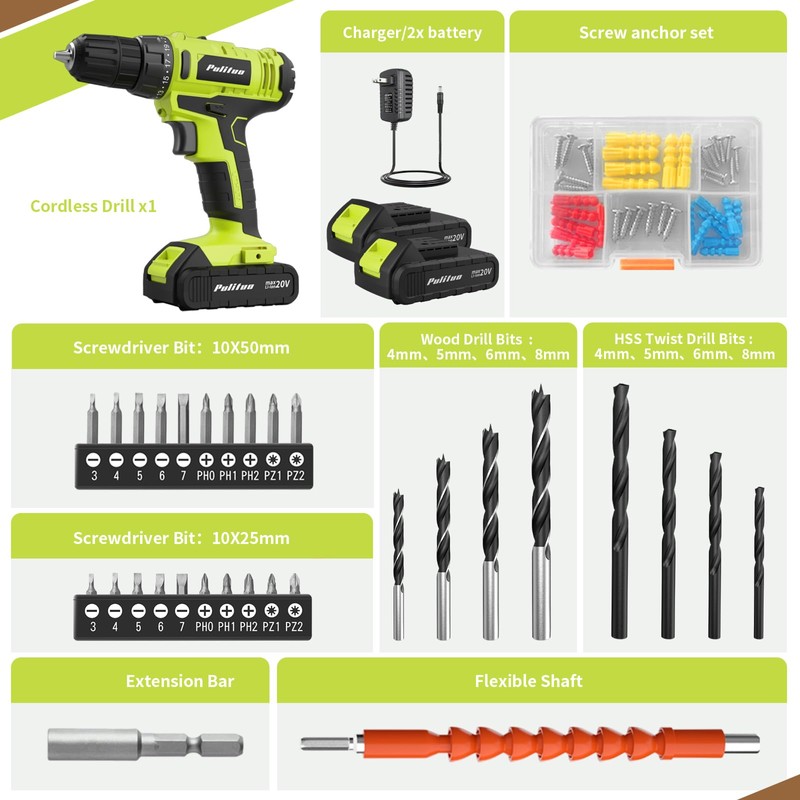 PULITUO'S 20V Cordless Drill/Driver, Electric Screwdriver - 2 Batteries, 30Nm,