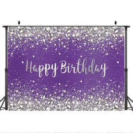 7×5ft Purple Diamonds Happy Birthday Photo Backdrop Glitter Diamonds Silver Happy Birthday Photography Background Girls Birthday Sweet 16 18th 13th 20th 30th Party Banner Decorations Photo Studio Prop