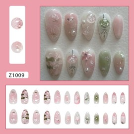 Mkwntg 24Pcs Flower Press on Nails Medium Almond Fake Nails with 3D Pearl Rhinestones Design Water Drop Glitter Spring False Nails Fish Green Gradient Glue on Nails for Women Daily DIY Manicure Decor