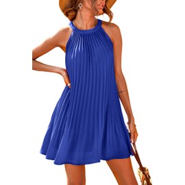 PRETTYGARDEN Summer Mini Halter Dresses for Women 2025 Sleeveless Pleated Short A Line Flowy Beach Wedding Guest Dress (Blue,Medium)