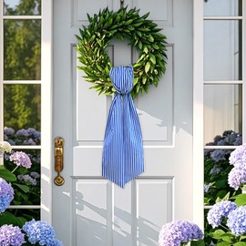 Wreath Sash for Front Door Boxwood Wreath Sash Accessories for Indoor Outdoor Decor, 4.7'' x 57''(Blue and White Stripe)