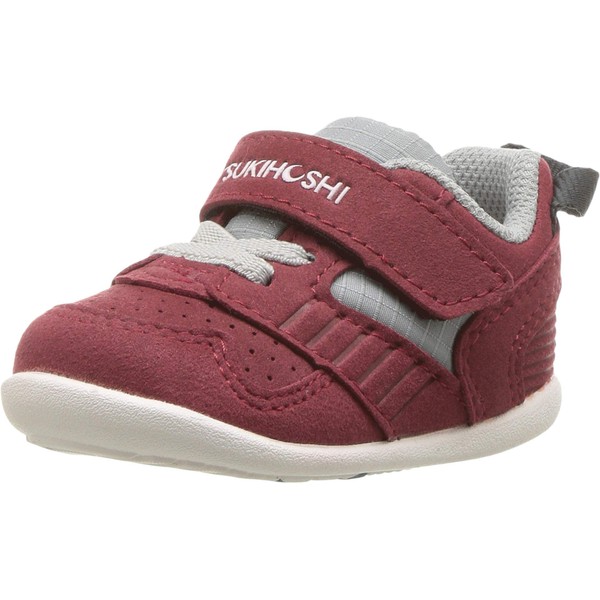 TSUKIHOSHI 2510 Racer Strap-Closure Machine-Washable Baby Sneaker Shoe with Wide Toe Box and Slip-Resistant, Non-Marking Outsole - Crimson/Gray, 3 Infant (0-12 Months)