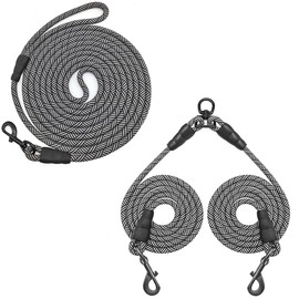 Mycicy Long Double Leash for 2 Dogs (20ft), Dual Dog Leash 360 Swivel No Tangle Walking Leash for Two Dogs (15FT Long Leash +5FT Double Leash Coupler)