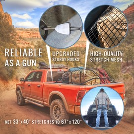 OWLRICH Ultra-Stretch Cargo Net. Compact & Versatile 1.2”x1.2” Mesh Organizer for Truck Beds, 33"x40" with Max Expansion of 67"x120". Single Layer with 4 Molded Hooks. Enjoy!