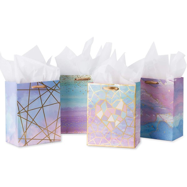 Loveinside Medium Size Gift Bags-Colorful Marble Pattern Gift Bag with Tissue Paper for Shopping, Parties, Wedding, Baby Shower, Craft-4 Pack-7" X 4" X 9"