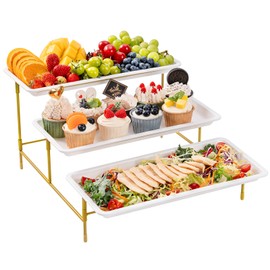 Lifewit 3 Tiered Plastic Serving Tray for Party Entertaining, 14"×6.5" Serving Food Display Platters, Reusable Trays with Collapsible Stable Metal Stand for Veggie, Fruit, Cookies, Dessert, Gold