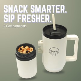 Sip N’ Snack Dual Compartment Stainless Steel Water Bottle – Triple Insulated, 24 Hours Cold/Hot, Leak-Proof, 2 Ways to Sip – Perfect for Drinks & Snacks On-the-Go (Ivory/Black)