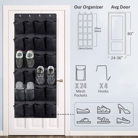 UESDU Hanging Shoe Storage, 24 Pockets Storage Bag for Shoes, Black Shoe Organiser, Hanging Large Mesh Pockets, Over the Door Organiser for Shoes