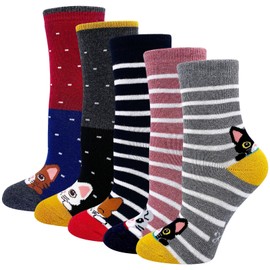 PUTUO Thick Socks Children's Colourful Cotton Socks Warm Winter Socks Kids Thermal Socks Boys Girls Funny Animal Socks 2-11 Years 5/6 Pairs, Cat Pattern - 5 Pairs