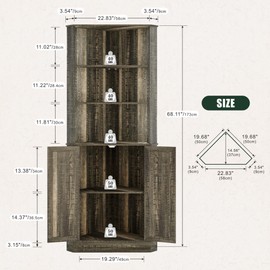FREDEES Tall Corner Cabinet with LED Light, Farmhouse Bathroom Cabinet with 2 Doors and 3 Tier Shelves, Free Standing Corner Storage Cabinet for Laundry Room, Living Room or Kitchen, Rustic Brown