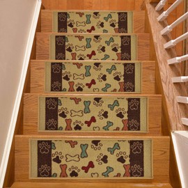 RugStylesOnline RugStylesOnline Stair Tread Skid Slip Resistant Backing Indoor Animal Carpet Stair Treads Pet Paw and Bone Design 8 ½ inch x 26 ¼ inch (Set of 7, Beige Multi)