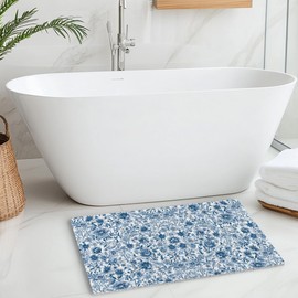 INDAJEDN Blue and White Chinoiserie Floral Door Mat, Grand Millennial Floral Welcome Doormat for Front Door Indoor Entrance Outdoor Porch, Blue Flower Bath Mat for Bathroom Decor, 17x30 Inches