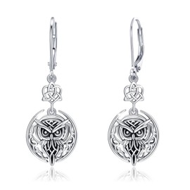 PARYFO Owl Earrings 925 Sterling Silver Tiny Retro Leverback Earrings Owl Celtic Dangle Earrings for Women Little Viking Owl Gifts for Women Sister Daughter