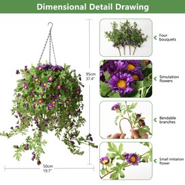 INQCMY Artificial Hanging Flowers with Basket,Fake Silk Flower Arrangements,4 Pack Chrysanthemum Flowers with 12 inch Coconut Lining Basket for Patio Garden Porch Deck Decoration(Purple)