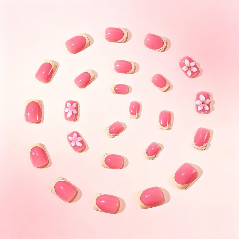 Flower Press on Nails with 3D Design Glossy Yellow French