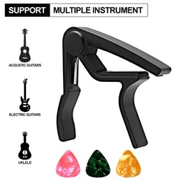 T Tersely Aluminum Alloy Guitar Capo Trigger with 3pcs Guitar Picks Single Hand Use Quick Change Black Capos for Classical Acoustic Electric Guitars Ukulele