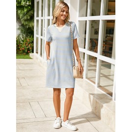 Glamaker Women Summer Tshirt Shift Dress Casual Striped Short Sleeve Crew Neck Knee Length Comfy Dress with Pockets (Blue Stripe L)