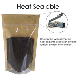 Rightpak Kraft Stand Up Pouches One Side Clear 100 Pieces 13cm x 21cm, Food Packaging Bags Heat Resealable Zipper Lock Smell Proof Tear Notches