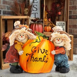 Hodao Thanksgiving Decorations for Home, Resin Fall Thanksgiving Decor with “Give Thanks” Pumpkin & Scarecrows, Festive Gift for Autumn Holiday and Housewarming