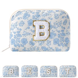 JOVAKIT Conch Alphabet Makeup Bag Cosmetic Bag for Women, Christmas Gifts for Women Girls, Blue Floral Coquette Travel Bag, Zipper Make Up Pouch Organizer Trendy Stuff (Blue Floral B)