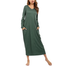 Sykooria Women's Long Nightgown Cotton Baggy Nightdress Plus Size Nightshirt Long Sleeve V Neck Sleep Dress Casual Sleepwear With Pockets(Dark Green,XL)