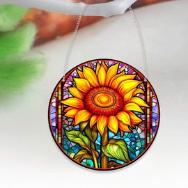 Mom Sunflower Stained Windows Hanging Suncatcher,Flower Stained Glass Suncatchers Window Ornament Stained Glass Panel Sun Catcher Wall Hanging Decor Birthday Gifts