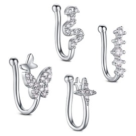 JFORYOU Silver Fake Nose Rings Non Piercing Fake Nose Cuff Fake Piercing for Nose Delicate Design CZ inlaid Snake Butterfly Star Women and Teen Girls