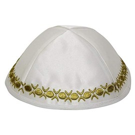 Majestic Giftware Lightweight White Satin Kippah with Gold Embroidered Trim - Yarmulkah for Boys - 4 Part