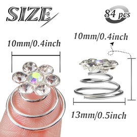 TUUXI 84pcs Rhinestone Crystal Twisters Set 0.5 Inch Spiral Hair Pins Swirl Hair Twists Coils Silver Clear Flower Hair Clips Hair Accessories for Wedding Bridal Prom Party
