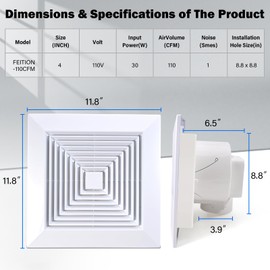 FEITON 110 CFM Bathroom Fan Exhaust Fan Ceiling Mount, 30W, 110V, 1.0 Sones, Square Quiet Ventilation, 4-in Duct, 8.8" x 8.8" Mounting Hole