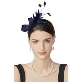 BABEYOND Fascinator Headband for Women - Tea Party Headpiece Kentucky Feather Fascinators Bridal Wedding Ribbon Hair Clip Navy Blue