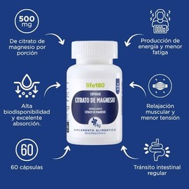 Life180 Citrato de Magnesio con 60 Cápsulas | Suplemento Alimenticio para el Soporte Muscular, Activación de energía y Bienestar Digestivo