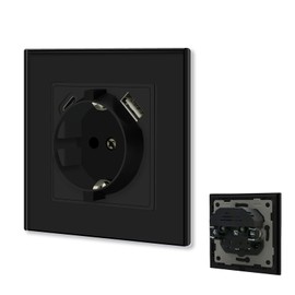 BSEED Schuko Socket with USB/Type-C, 16 Amp Socket, with Plug-In Terminal, Flush-Mounted Socket, with 3.1 A Double USB, 86 mm, Wall Socket, Double Socket, Built-in Socket, USB Socket, Black