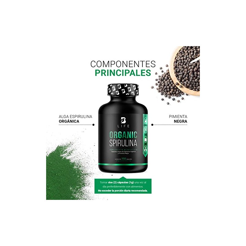Espirulina Orgnica de 150 Cpsulas 500 mg. Ingredientes naturales Alga