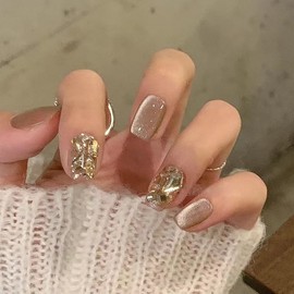 Short Press on Nails Short Fake Nails Square False Nails with Shiny Designs Rhinestone Designs Glue on Nails Champagne Color Stick on Nails Full Cover Glossy Cute Acrylic Nails Winter Artificial Nails