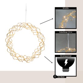 EGLO 411014 LED Light Wreath, Window Light Christmas Made of Wire and Plastic in Brass, Christmas Wreath with Cable, Illuminated Window Decoration, Warm White, Diameter 30 cm