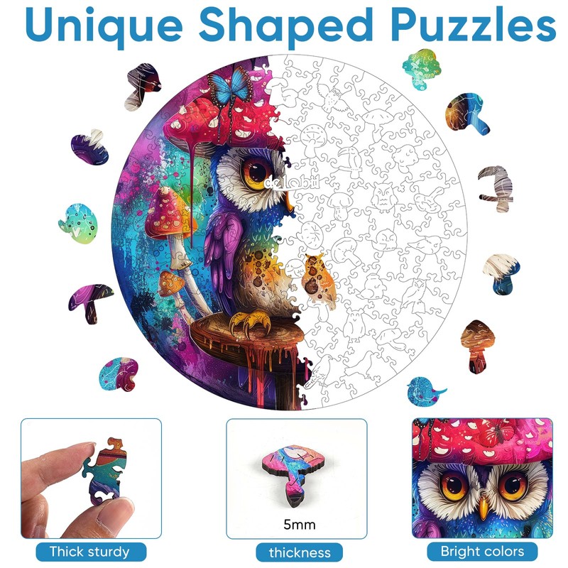 delobil Wooden Puzzles for Adults, Owl & Mushroom Wooden Puzzles