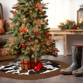 Western Cow Christmas Tree Skirt 48 Inch Xmas Two-Layer Velvet Tree Mat for Holiday Decoration Howdy Cowboy Leather Tassel Christmas Tree Skirt Decor Christmas Ornament Party Yard Blanket Cover