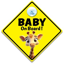 Cute Giraffe Baby on Board Autoschild 14 x 14 cm gelber Diamant Saugnapfhalterung