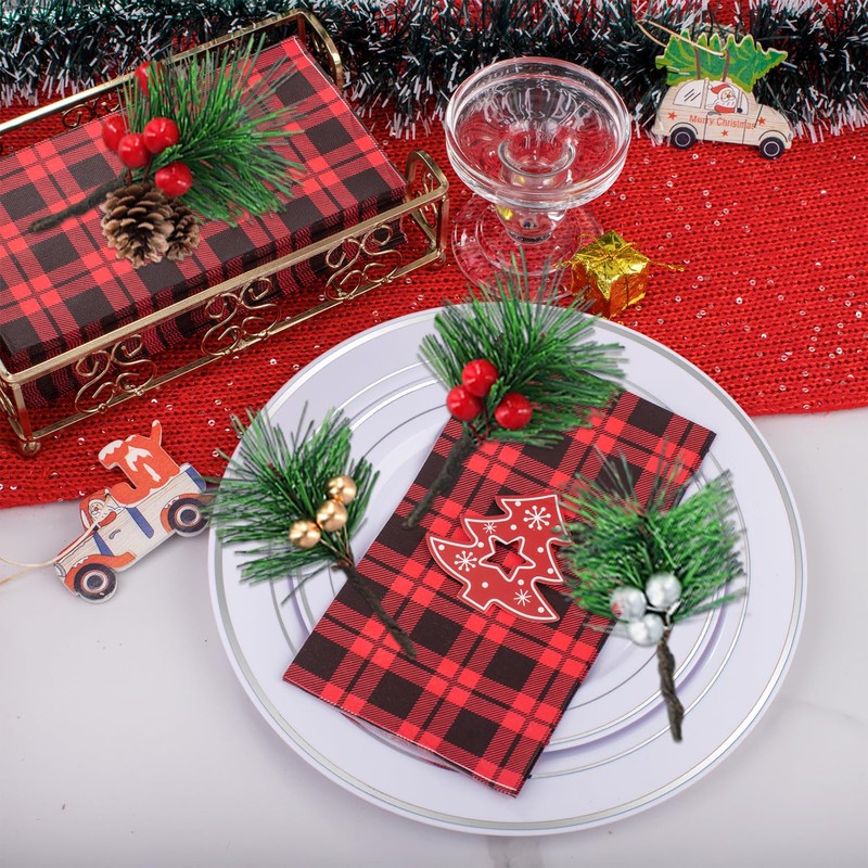 RHQFDM 20 Pieces Realistic Artificial Pine Sprigs with Red Berries